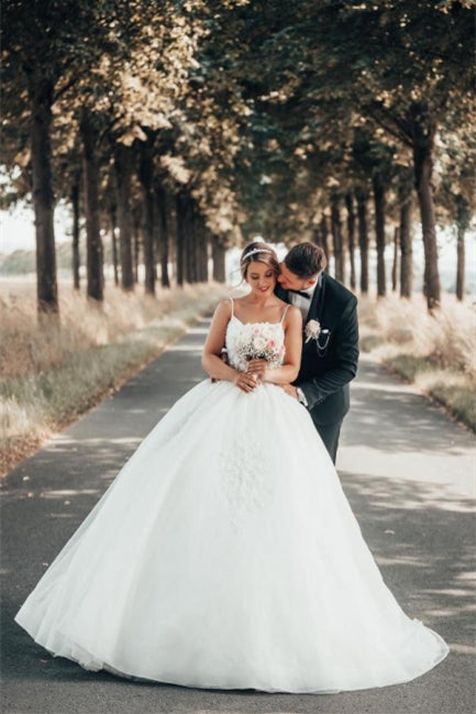Precioso vestido de novia princesa con escote en V y encaje.