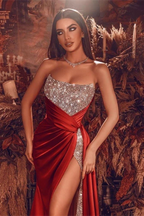 Gorgeous Red Long Evening Dress With Split Long Beads Prom Gown