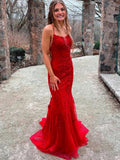 Vestidos de Baile Vermelhos Deslumbrantes, Longos, com Renda, Estilo Sereia e Costas Descobertas
