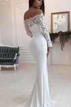 Precioso vestido de novia largo de sirena blanco con escote redondo