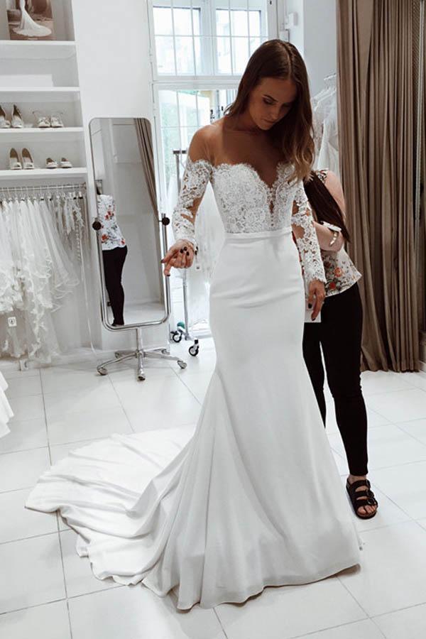 Precioso vestido de novia largo de sirena blanco con escote redondo