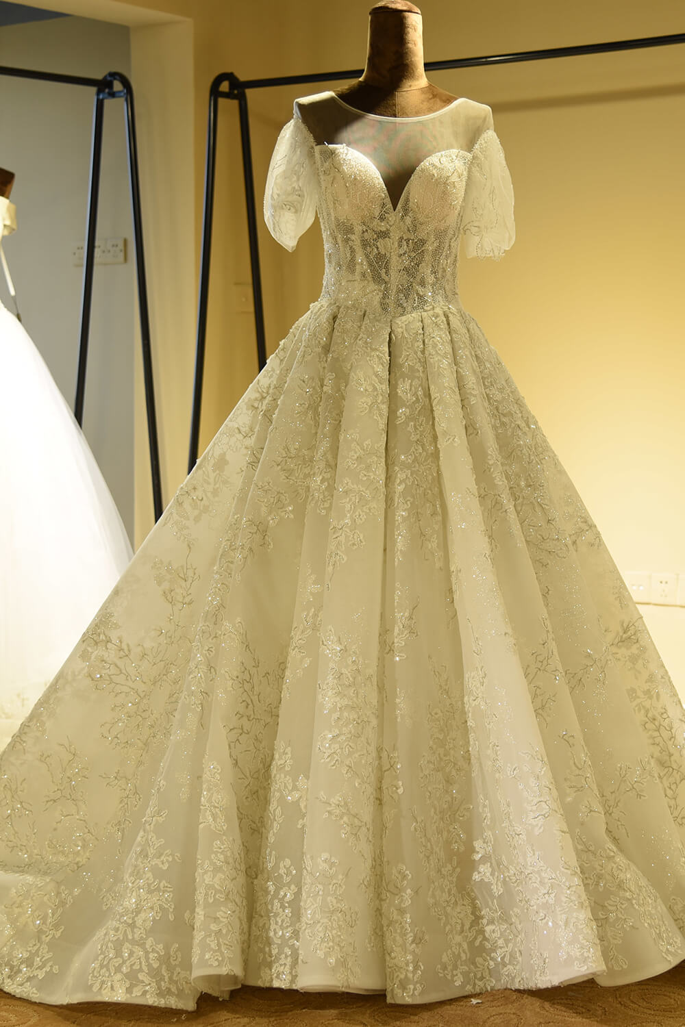 Magnifique robe de mariée ivoire princesse en tulle et dentelle à manches courtes