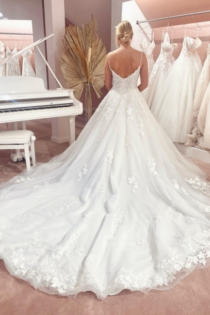 Vestidos de Noiva Lindos em Tule, Sem Mangas, com Alças Finas, Corte em A, Comprimento Até ao Chão, com Cauda de Cortejo