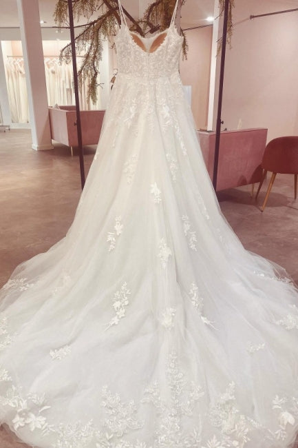 Vestidos de Noiva Lindos em Tule, Sem Mangas, com Alças Finas, Corte em A, Comprimento Até ao Chão, com Cauda de Cortejo