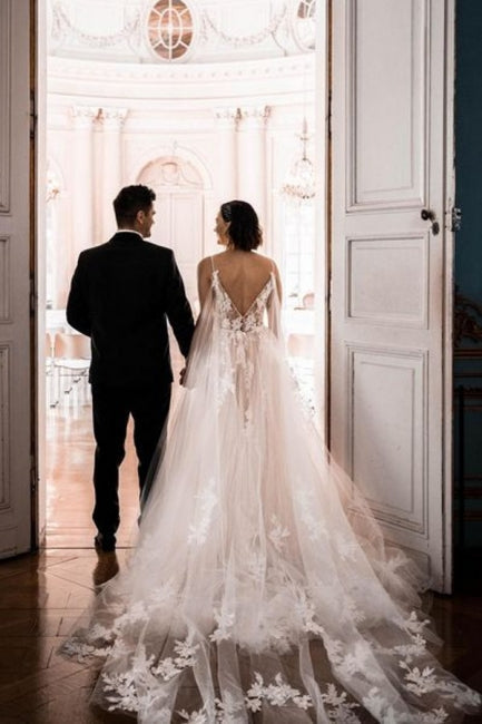 Hermosos vestidos de novia de tul en forma de A sin mangas con tirantes finos y estampado 