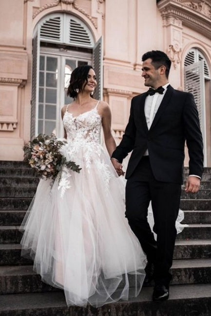 Hermosos vestidos de novia de tul en forma de A sin mangas con tirantes finos y estampado 