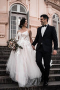 Hermosos vestidos de novia de tul en forma de A sin mangas con tirantes finos y estampado 