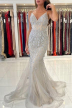 Vestidos de Baile Deslumbrantes com Alças Finas, Sem Mangas, Modelo Sereia, Comprimento Até ao Chão, em Renda