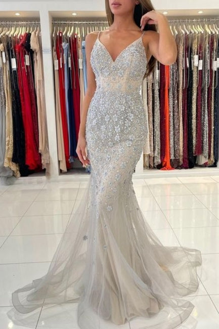Vestidos de Baile Deslumbrantes com Alças Finas, Sem Mangas, Modelo Sereia, Comprimento Até ao Chão, em Renda