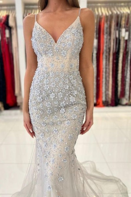Vestidos de Baile Deslumbrantes com Alças Finas, Sem Mangas, Modelo Sereia, Comprimento Até ao Chão, em Renda