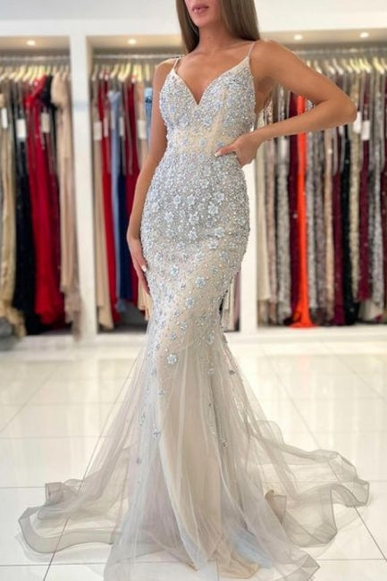 Vestidos de Baile Deslumbrantes com Alças Finas, Sem Mangas, Modelo Sereia, Comprimento Até ao Chão, em Renda
