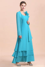 Vestido deslumbrante de mãe da noiva com decote quadrado, camadas florais e longos envoltórios