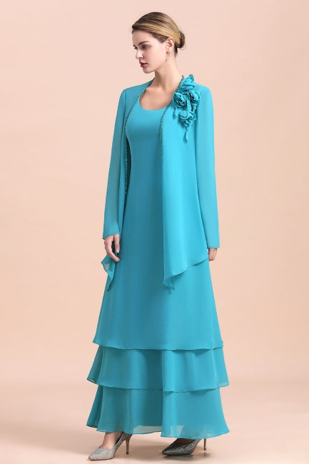 Vestido deslumbrante de mãe da noiva com decote quadrado, camadas florais e longos envoltórios