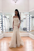 Magnifique robe de mariée sirène sans bretelles ornée de perles, abordable, longue et sans manches
