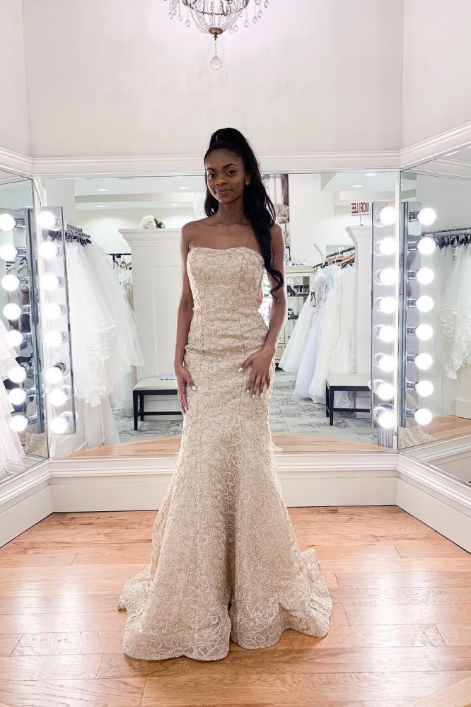 Magnifique robe de mariée sirène sans bretelles ornée de perles, abordable, longue et sans manches