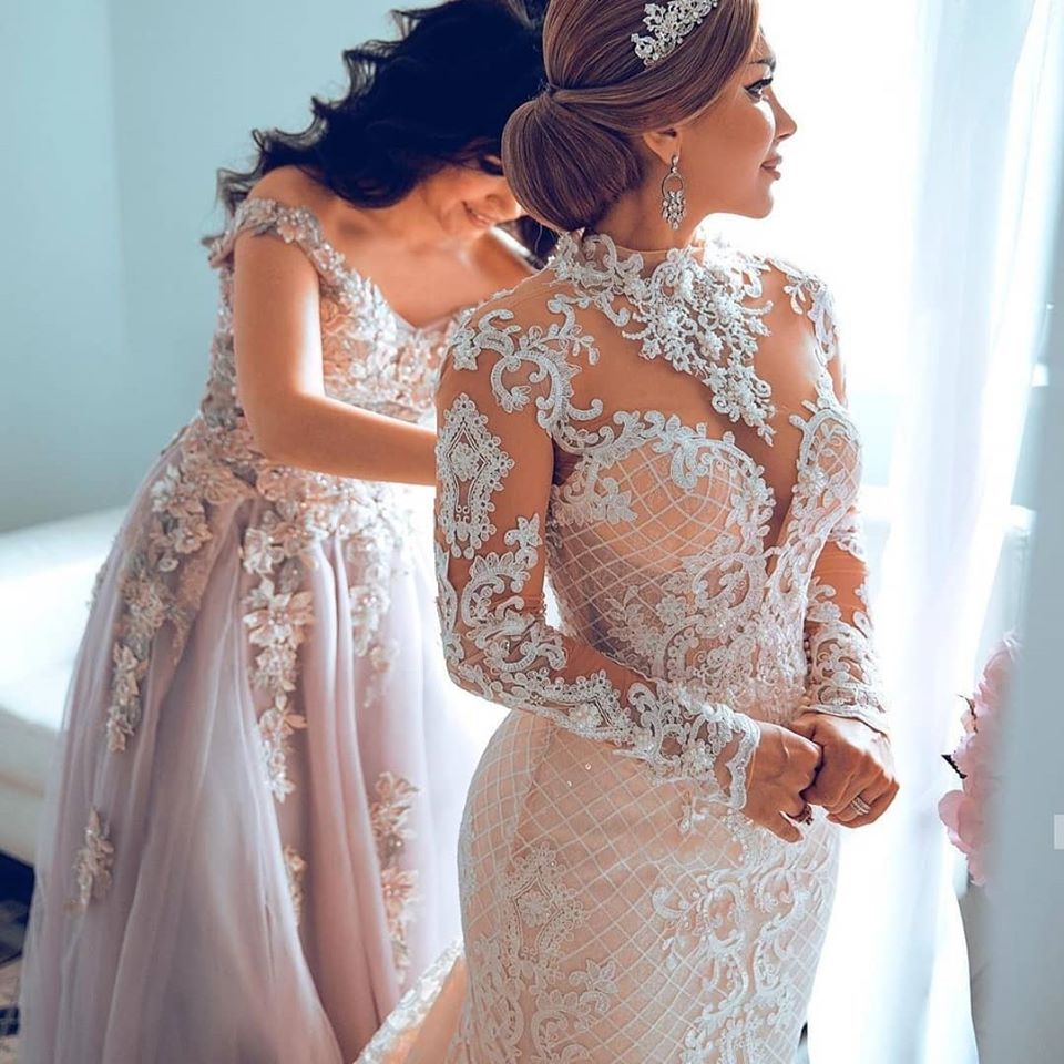 Splendido Abito da Sposa a Sirena in Pizzo e Tulle con Scollo a Cuore per Primavera ed Estate