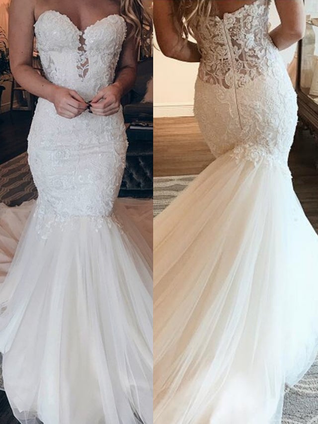 Gorgeous Sweetheart Lace Wedding Dress Mermaid Silhouette With Tulle Skirt