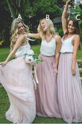 Wunderschönes zweiteiliges langes Brautjungfernkleid aus rosa Tüll mit weißem Oberteil BD069