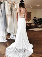 Gorgeous V Neck Lace Backless Mermaid Satin Wedding Dress With Chapel Train