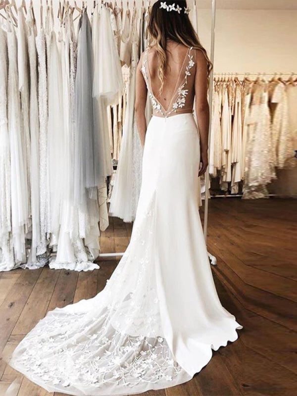 Gorgeous V Neck Lace Backless Mermaid Satin Wedding Dress With Chapel Train