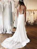 Gorgeous V Neck Lace Backless Mermaid Satin Wedding Dress With Chapel Train