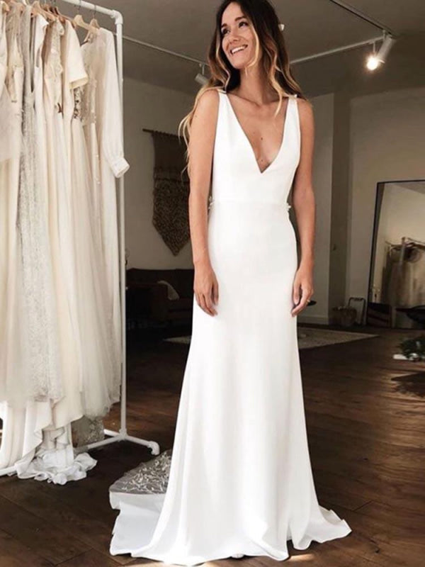 Gorgeous V Neck Lace Backless Mermaid Satin Wedding Dress With Chapel Train