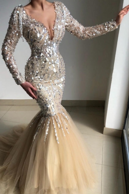 Superbes robes de bal longues sirène à manches longues et col en V, ornées de paillettes, jusqu'au sol