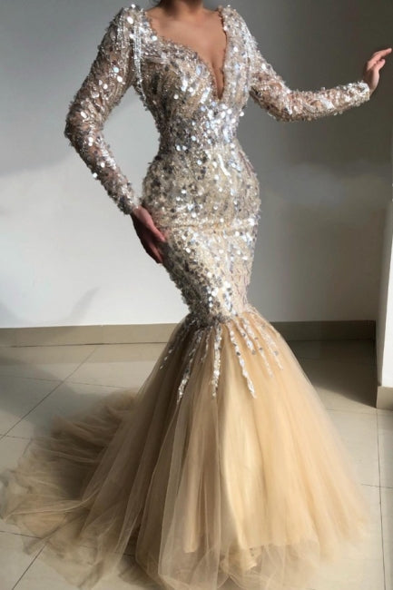 Superbes robes de bal longues sirène à manches longues et col en V, ornées de paillettes, jusqu'au sol