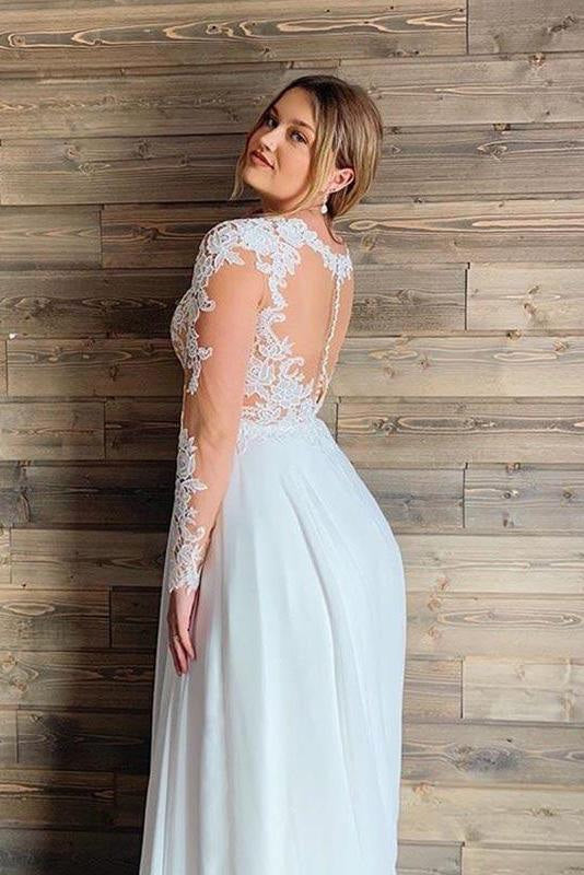 V Neck Lace Wedding Dresses With Long Sleeves And Ruffles