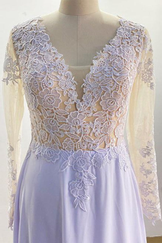 V Neck Lace Wedding Dresses With Long Sleeves And Ruffles