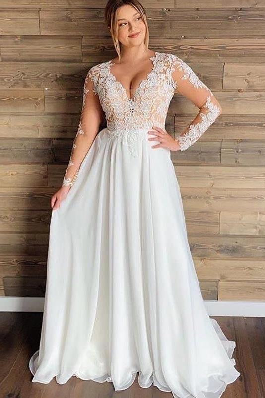 V Neck Lace Wedding Dresses With Long Sleeves And Ruffles