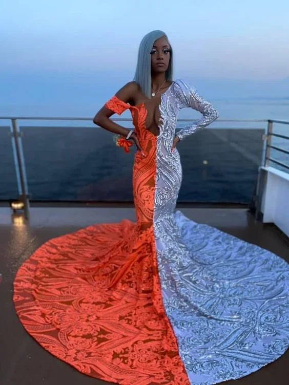 Vestidos de baile compridos estilo sereia com decote em V descaído, mangas compridas e apliques deslumbrantes
