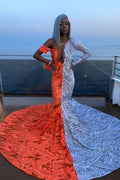 Vestidos de baile compridos estilo sereia com decote em V descaído, mangas compridas e apliques deslumbrantes