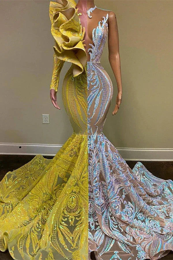 Splendidi abiti da sera a sirena lunghi fino a terra con scollo a V, una spalla e maniche lunghe