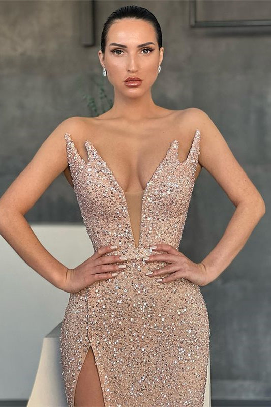 Superbe robe de bal longue sirène sans manches à encolure en V avec fente