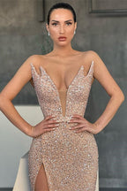 Superbe robe de bal longue sirène sans manches à encolure en V avec fente