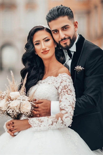 Magnifique robe de bal blanche à manches longues en dentelle, ligne A, tulle floral, robe de mariée