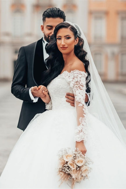 Magnifique robe de bal blanche à manches longues en dentelle, ligne A, tulle floral, robe de mariée