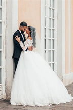 Magnifique robe de bal blanche à manches longues en dentelle, ligne A, tulle floral, robe de mariée