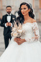 Magnifique robe de bal blanche à manches longues en dentelle, ligne A, tulle floral, robe de mariée
