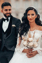 Magnifique robe de bal blanche à manches longues en dentelle, ligne A, tulle floral, robe de mariée