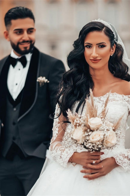Magnifique robe de bal blanche à manches longues en dentelle, ligne A, tulle floral, robe de mariée