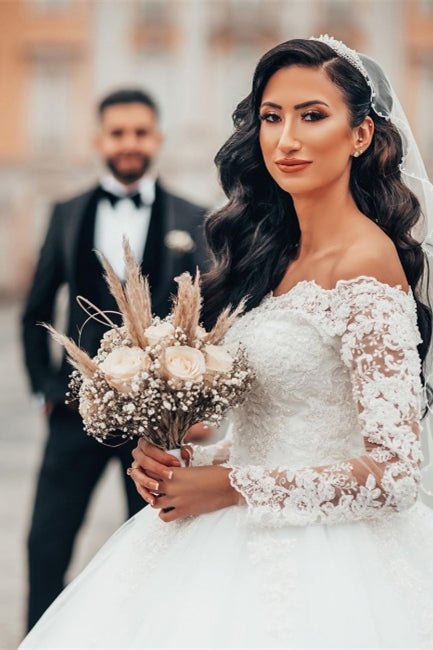 Magnifique robe de bal blanche à manches longues en dentelle, ligne A, tulle floral, robe de mariée