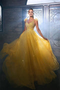 Superbe robe de bal longue jaune sans manches en ligne A ornée de paillettes et de perles