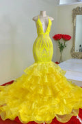 Gorgeous Yellow Spaghetti Straps V-neck Tiered Transparent Lace Mermaid Prom Dresses