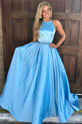 Robe de bal bleue en satin, longue, ligne A, ornée de bijoux, élégante