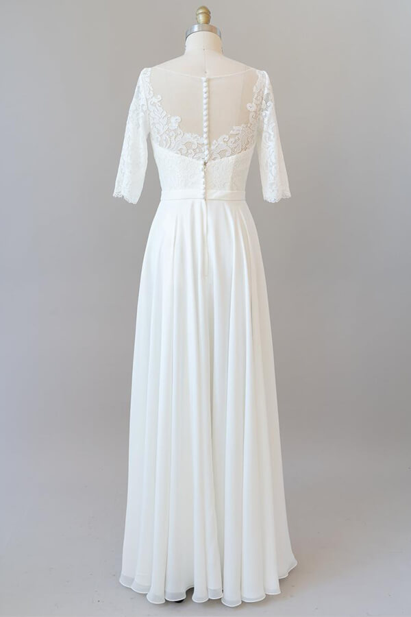 Vestido de Noiva Longo em Chiffon com Renda e Mangas, Corte em A, Elegante