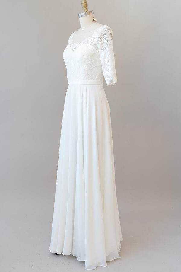 Vestido de Noiva Longo em Chiffon com Renda e Mangas, Corte em A, Elegante
