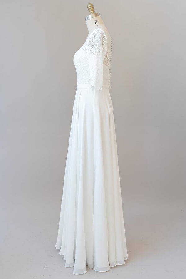 Vestido de Noiva Longo em Chiffon com Renda e Mangas, Corte em A, Elegante