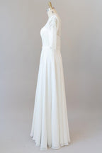 Vestido de Noiva Longo em Chiffon com Renda e Mangas, Corte em A, Elegante